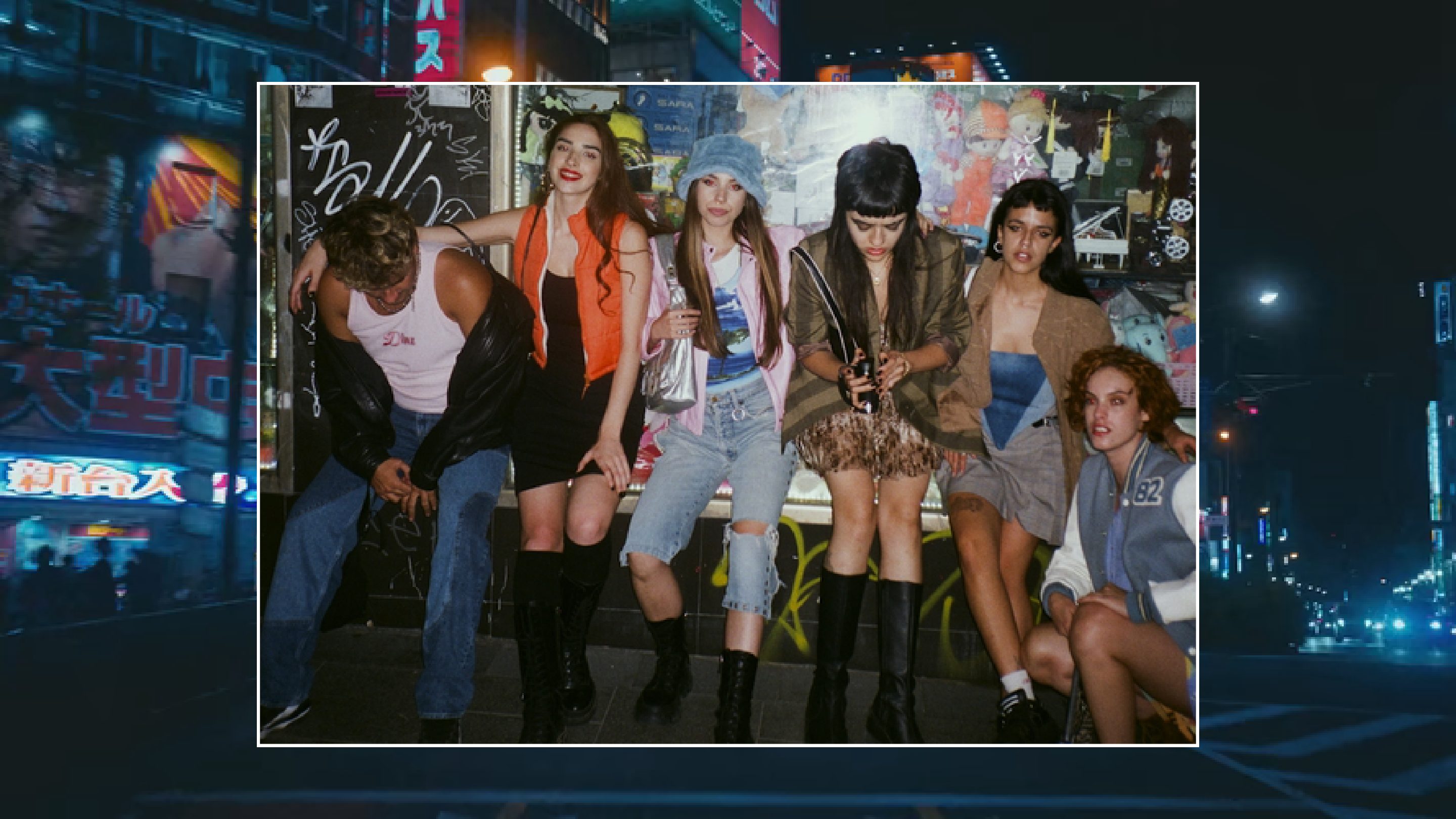 The ensemble together, in widescreen